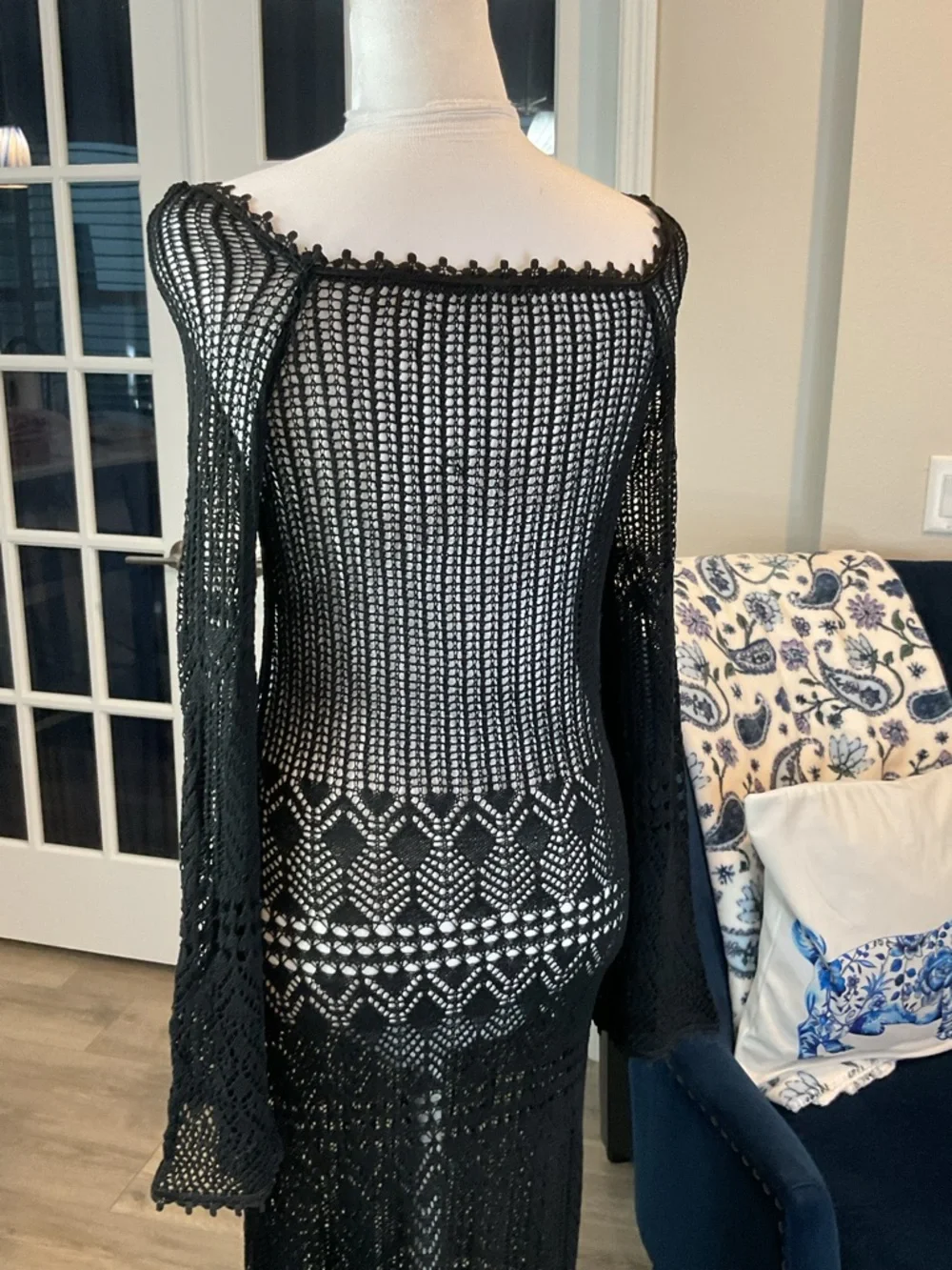 Cider Black Crochet Open Knit Maxi Dress Long Flare Slv., Fringe Hem Size M NWT - Picture 9 of 13